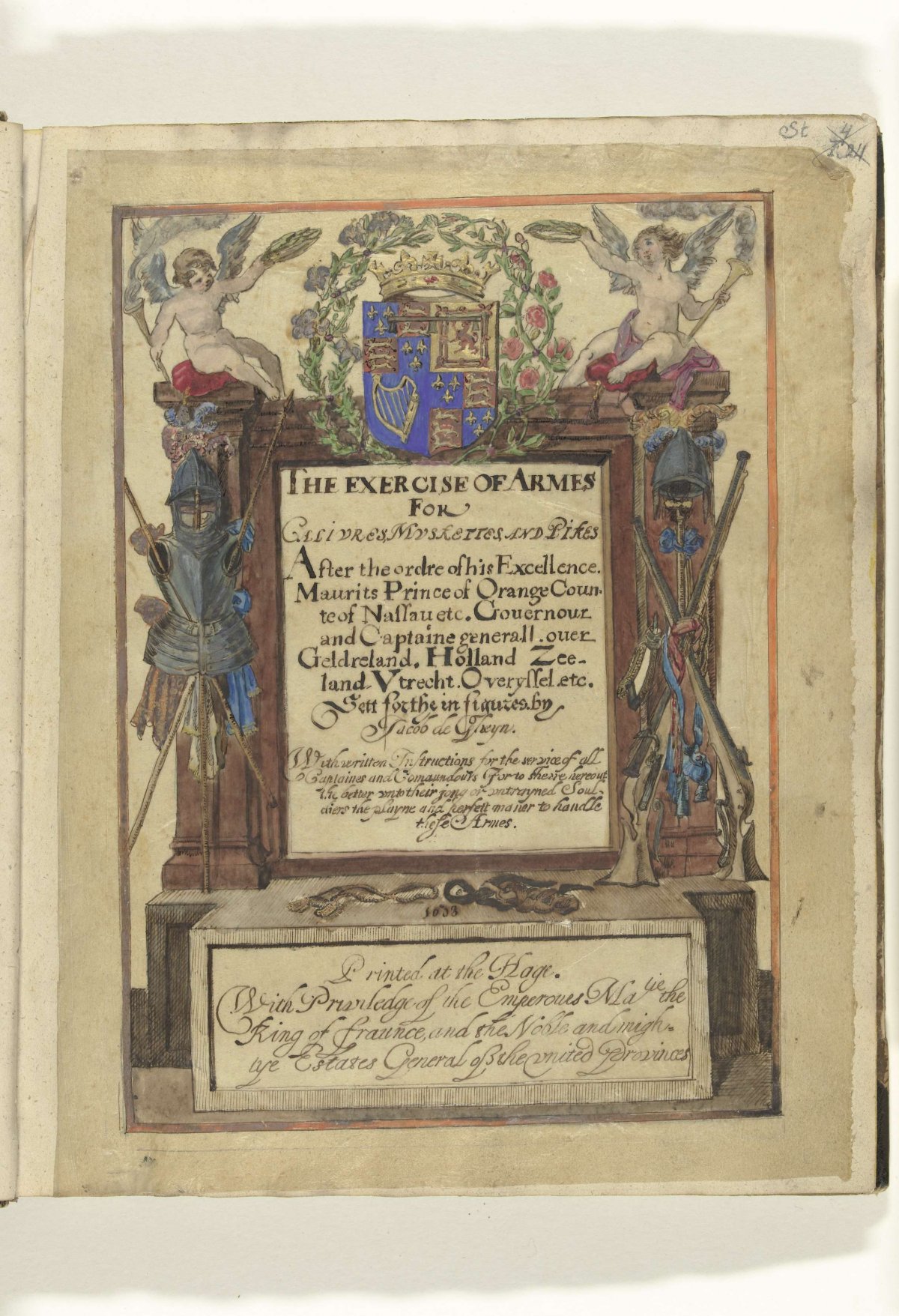 Signed title page for an English edition of Jacob de Gheyn's Wapenhandelinghe van Roers Musquetten ende spiessen, 1608, anonymous, 1608 - 1630