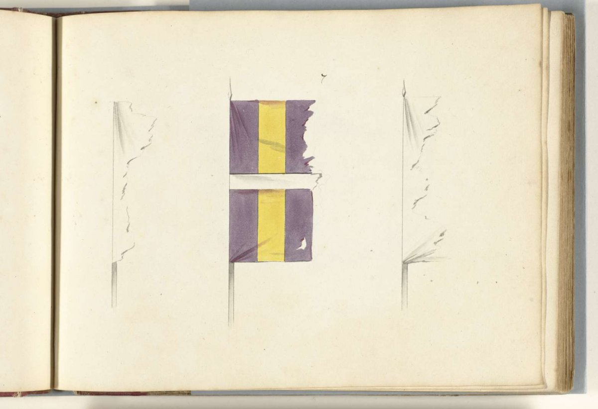 Three French banners in tatters, captured at Dendermonde, 1706, anonymous, 1713 - 1720