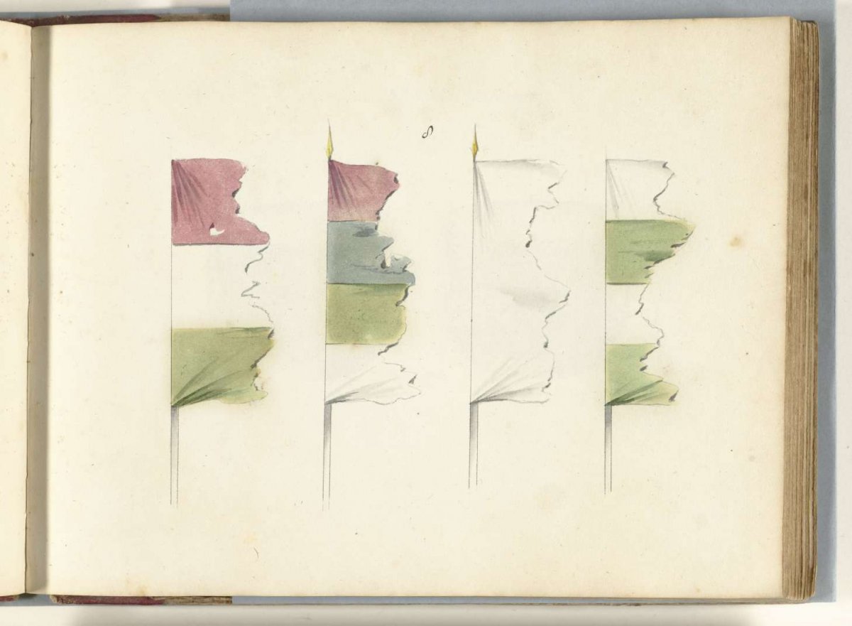 Four French banners in tatters, captured in the battle of Oudenaarde, 1708, anonymous, 1713 - 1720