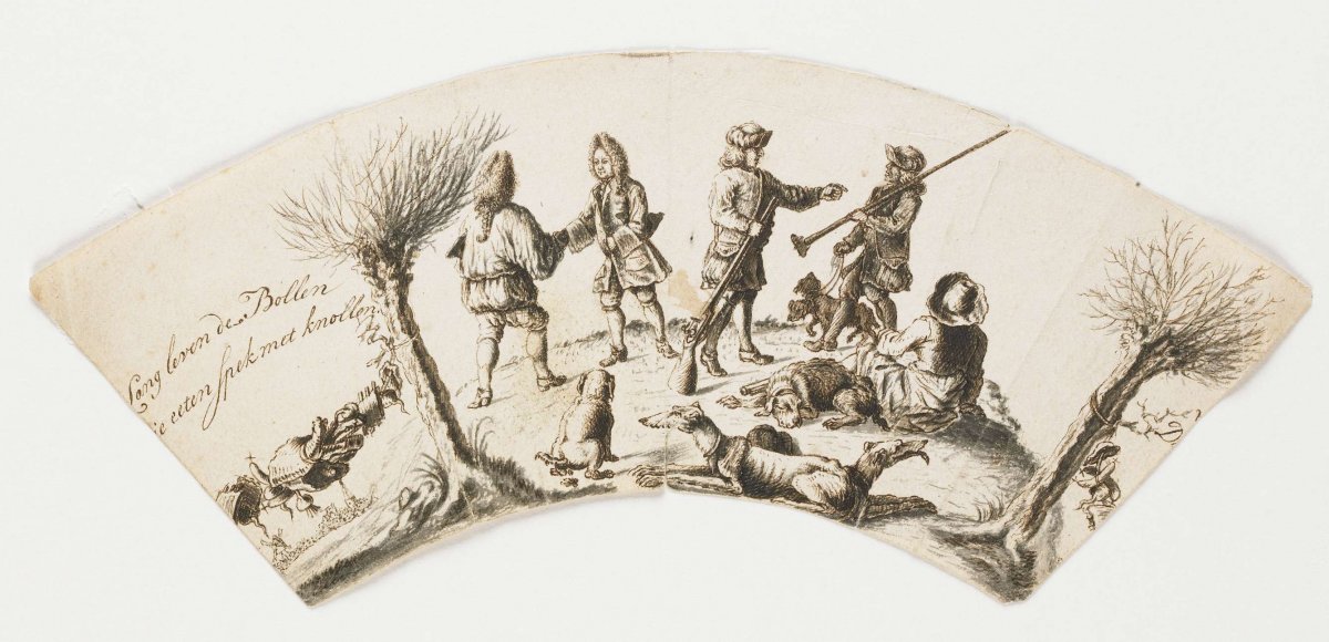 Hunting party, design for a glass engraving, anonymous, c. 1690 - c. 1725