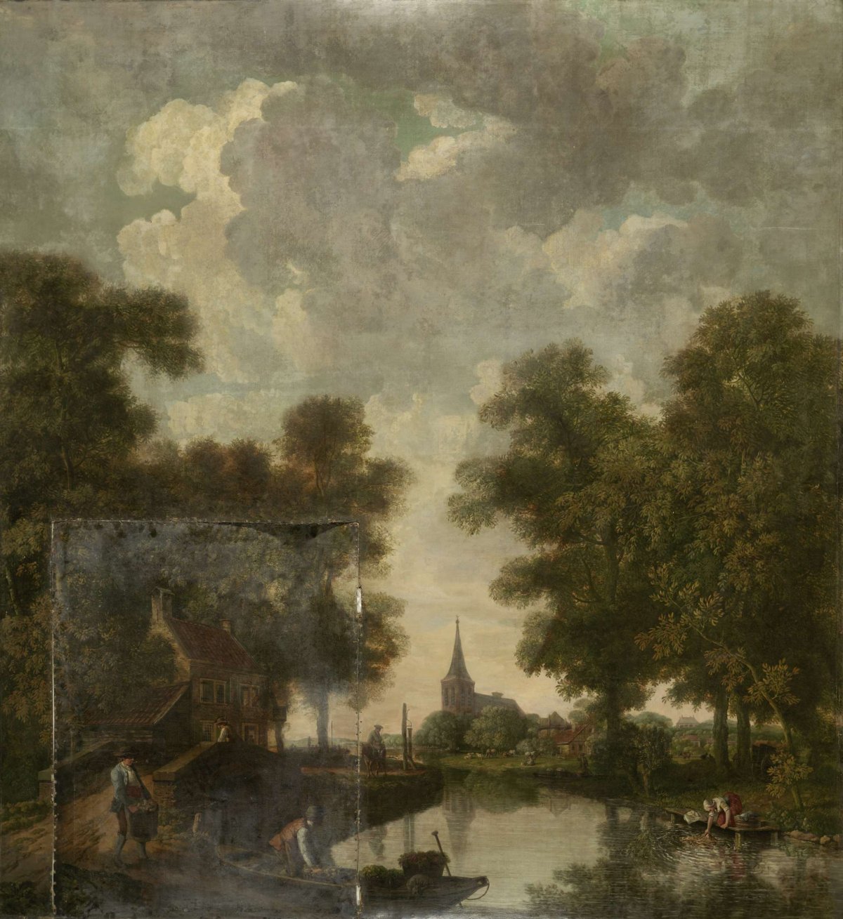 Wallpaper painting showing a Dutch landscape with river, Jurriaan Andriessen, c. 1776