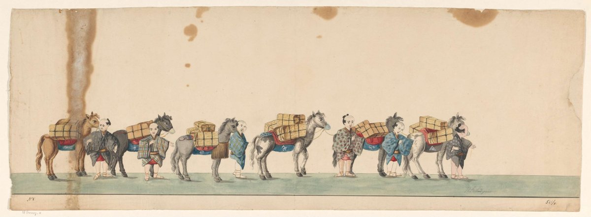 Procession of six packed horses with Japanese attendants, Henry Rolland de Verberie, c. 1775