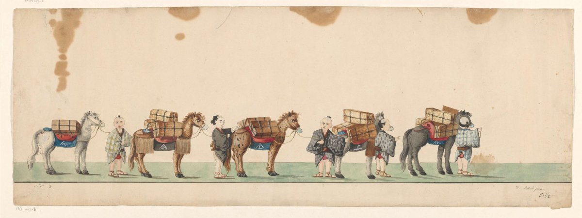 Procession of five packed horses with Japanese attendants, Henry Rolland de Verberie, c. 1775