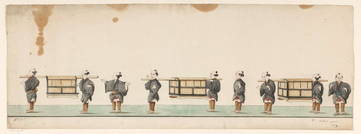 Procession of nine Japanese porters with packages on canes, Henry Rolland de Verberie, c. 1775