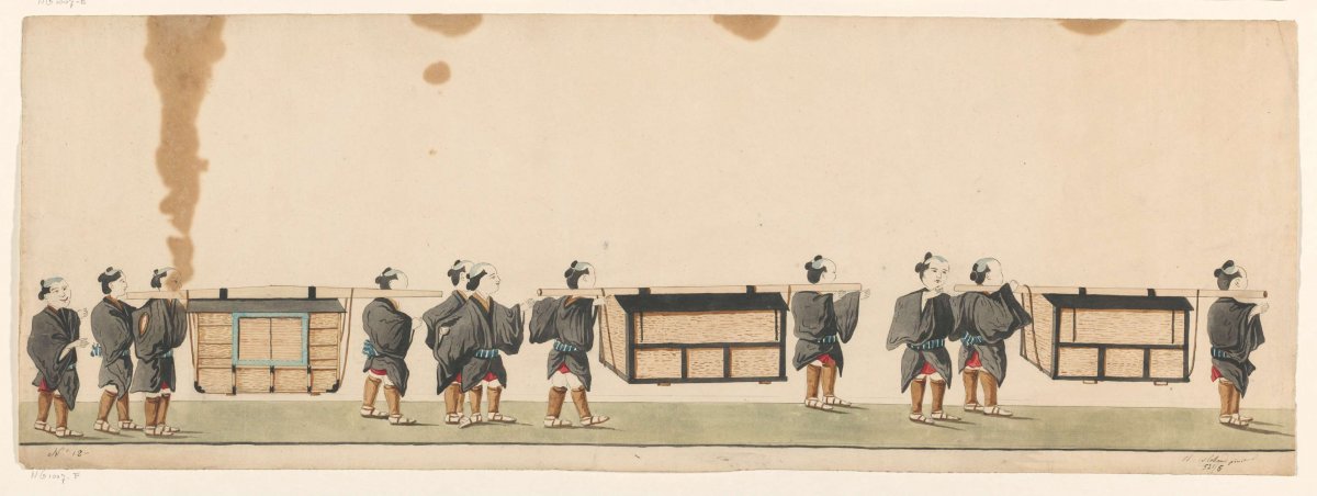 Procession of eleven Japanese porters carrying parcels on canes, Henry Rolland de Verberie, c. 1775