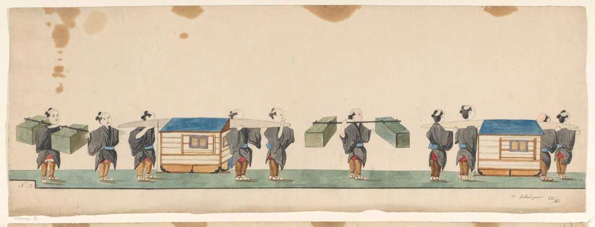 Procession of ten Japanese porters carrying large and small packages on carrying poles, Henry Rolland de Verberie, c. 1775