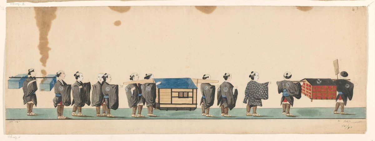 Procession of twelve Japanese porters carrying various types of packages on carrying poles, Henry Rolland de Verberie, c. 1775