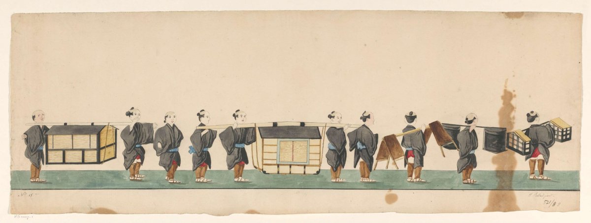 Procession of ten Japanese porters with various packages on carrying sticks, Henry Rolland de Verberie, c. 1775