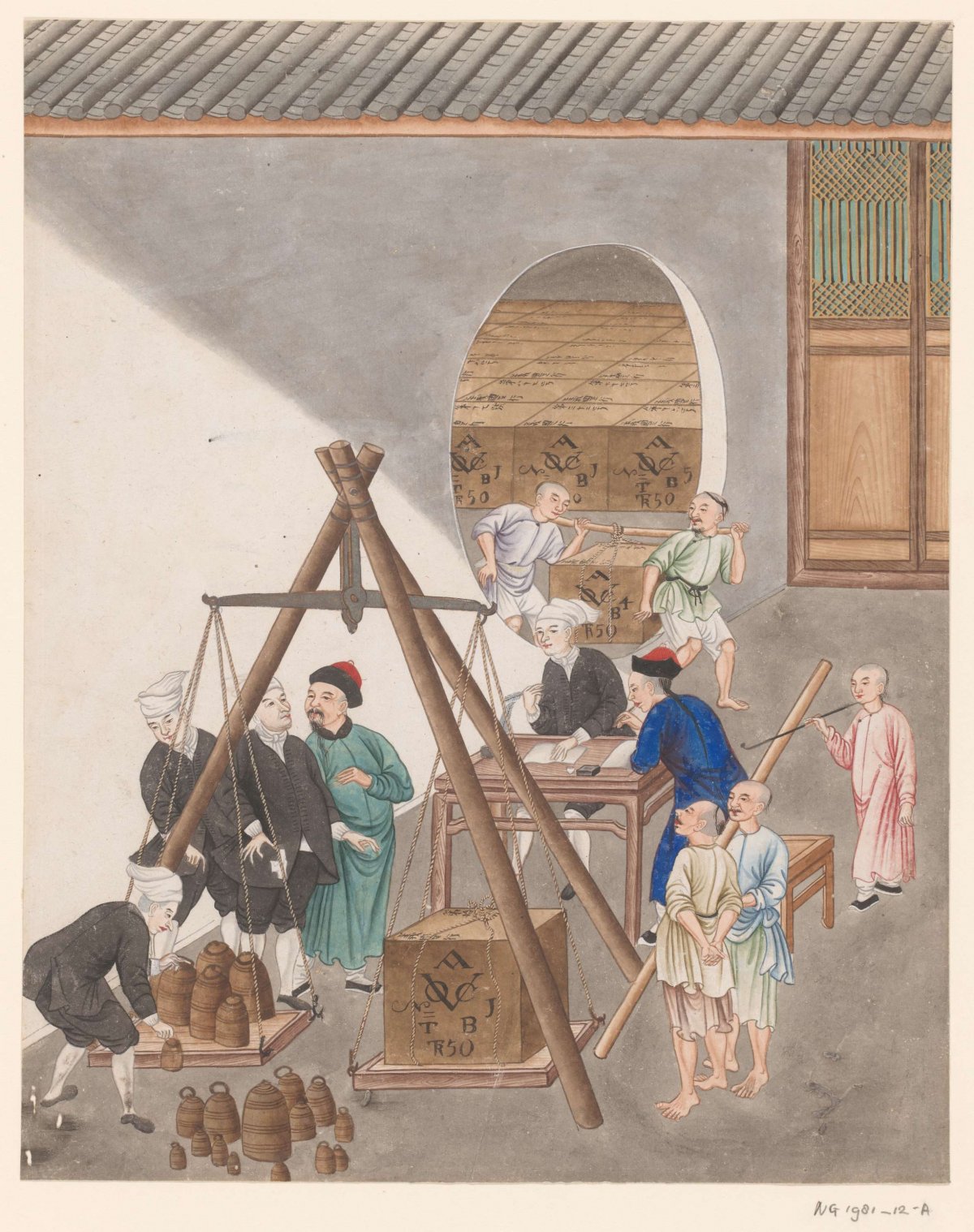 Determining the weight of the tea chests, anonymous, c. 1770