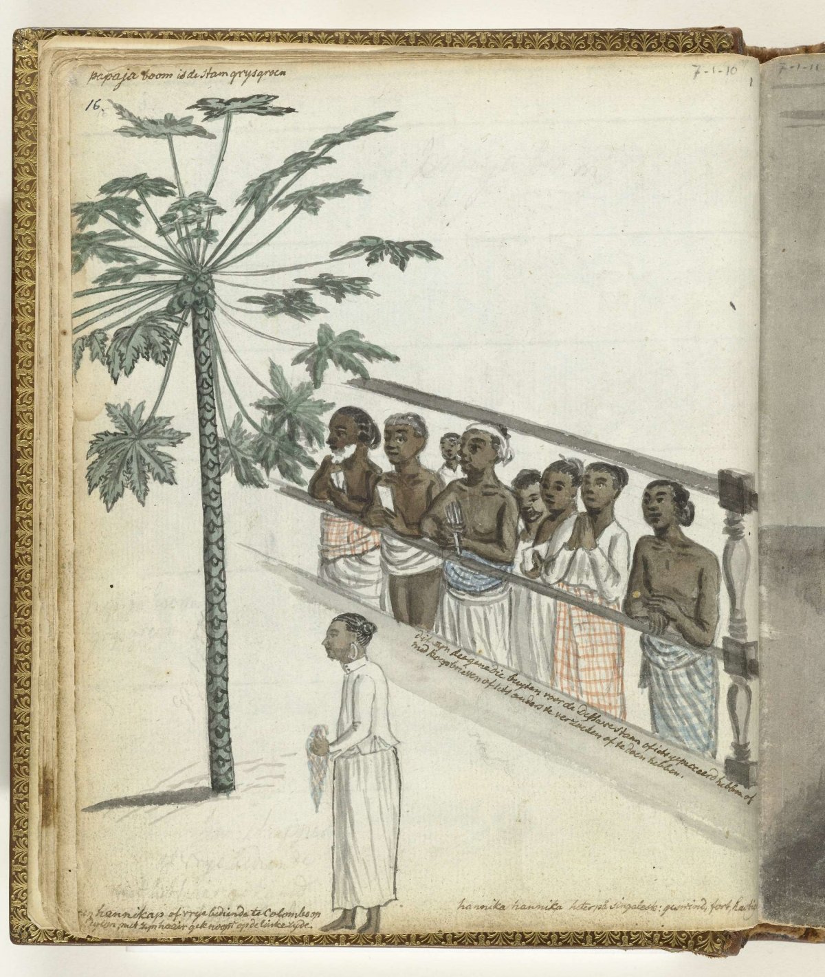 Papaya tree, litigants at the Dessave and a 'hennikap' or free servant at Colombo, Jan Brandes, 1785