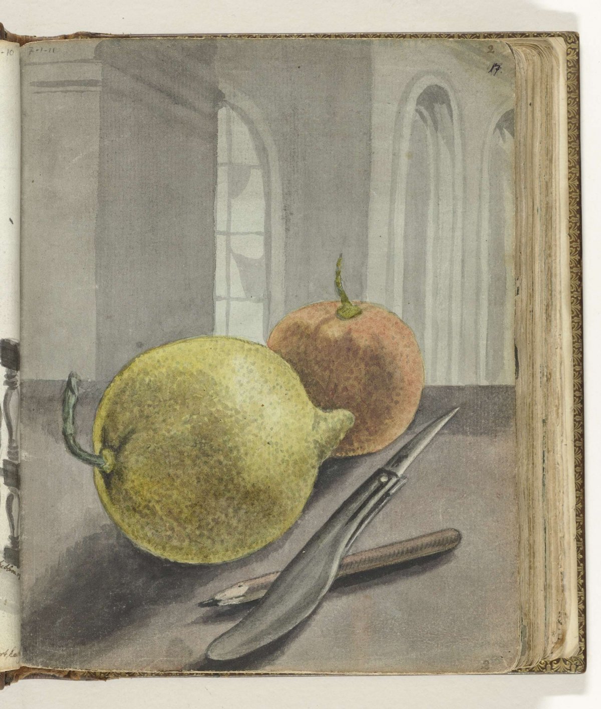 Still life with fruit, knife and pencil., Jan Brandes, 1779 - 1785