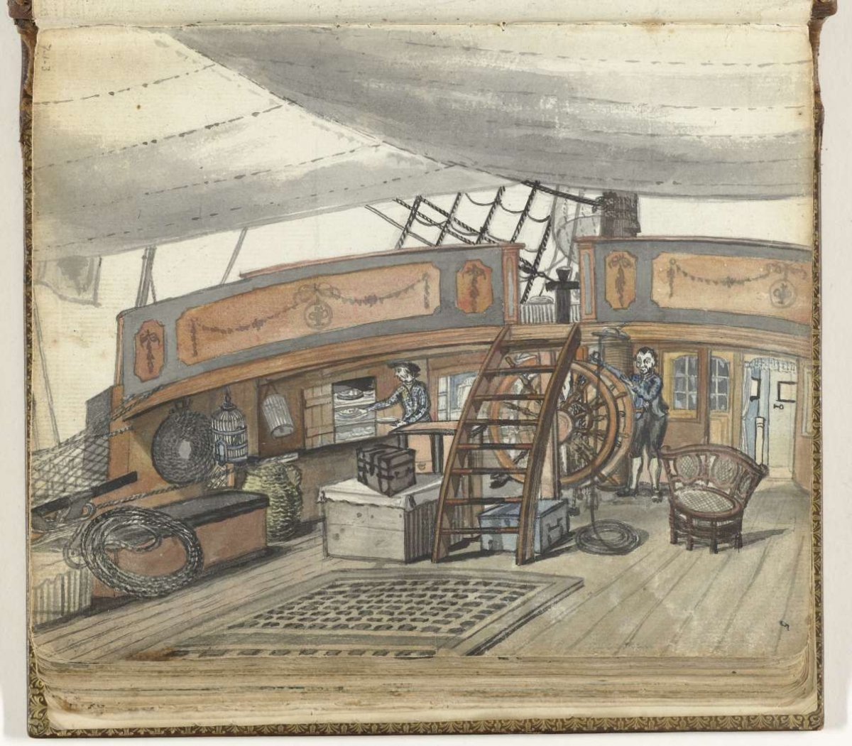 Deck view of an East Indiaman with helmsman at the helm, Jan Brandes, 1779 - 1787