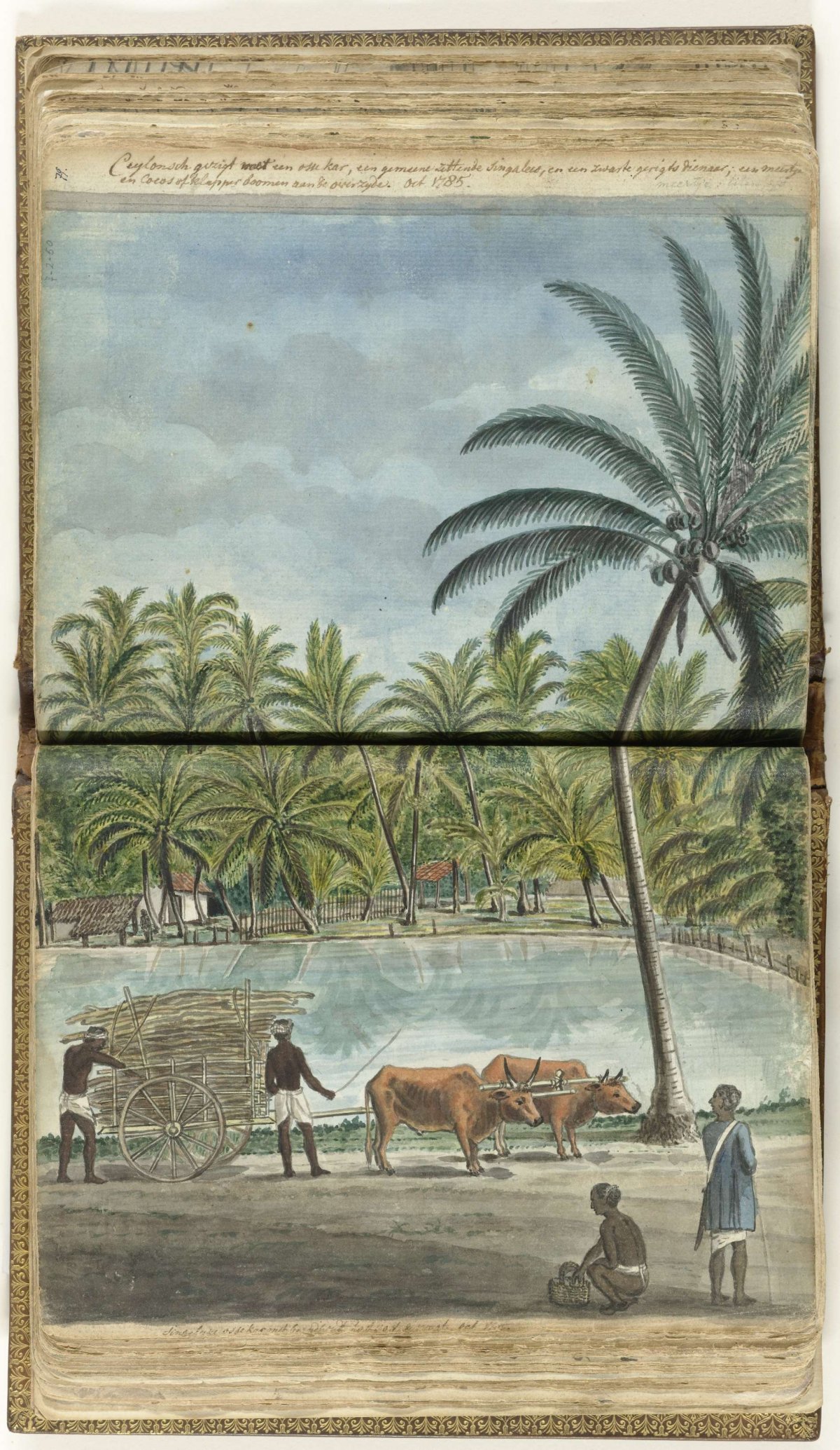 Ceylon's face with an ox cart, a crouching singalees and a black court servant, Jan Brandes, 1785