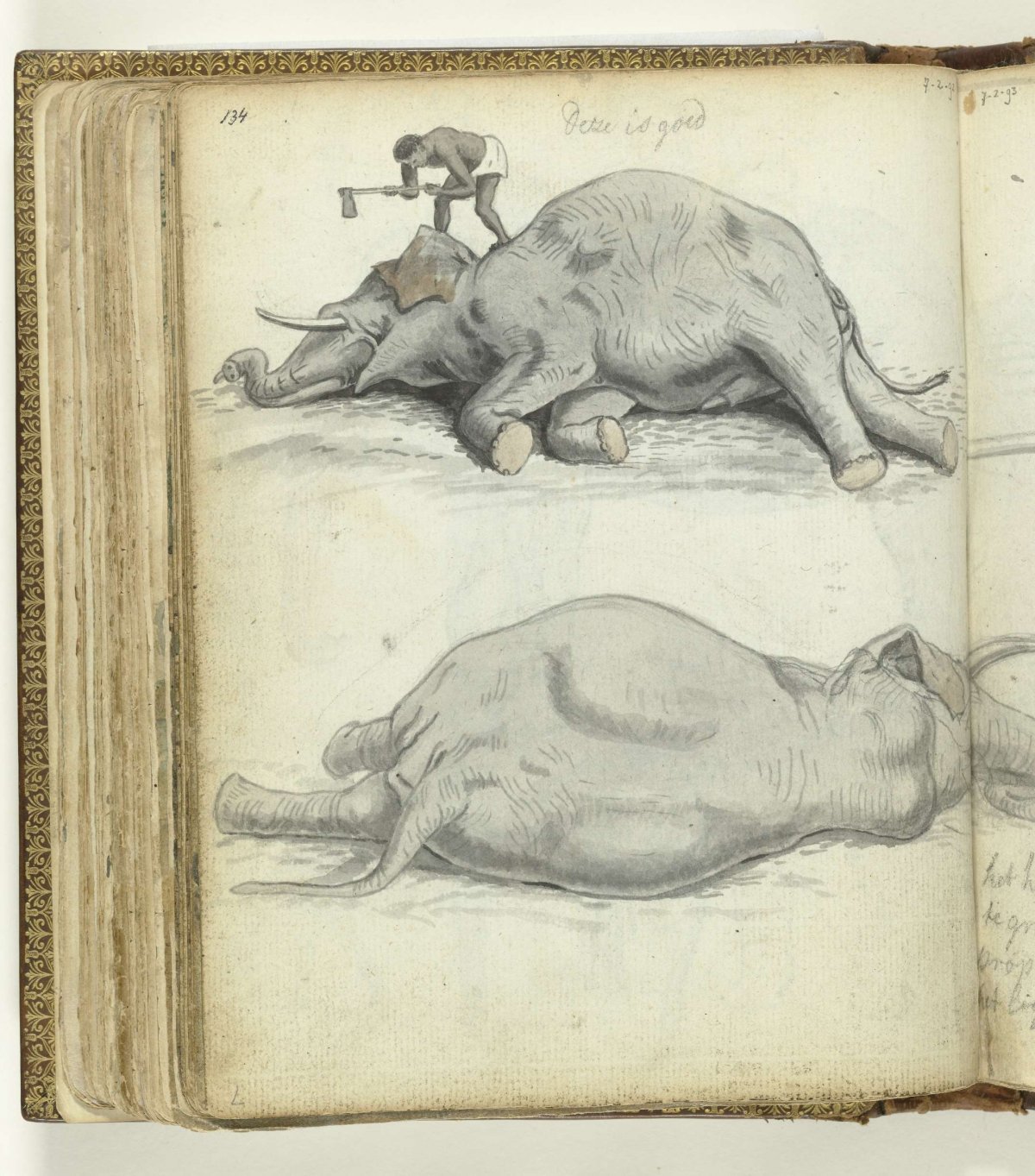 Reclining elephant with chopping Sinhalese, Jan Brandes, 1785