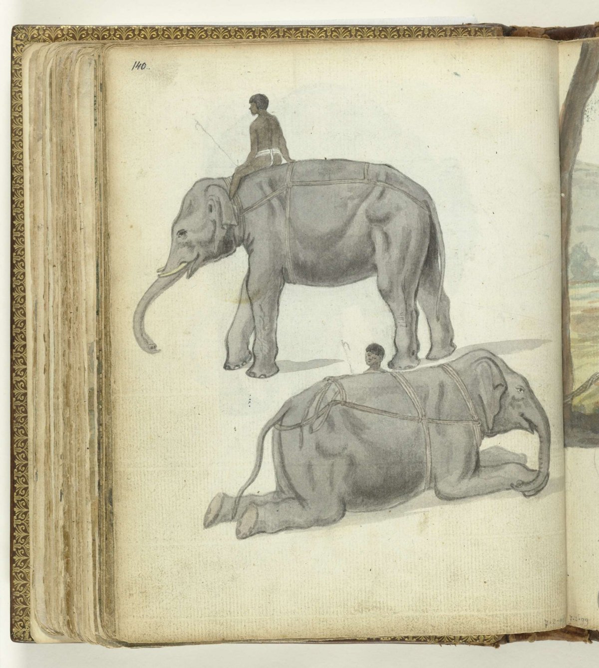 Elephant in harness standing and lying down., Jan Brandes, 1785