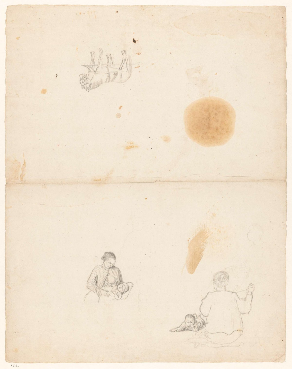 Sketches of woman with baby and horses at tiller tree, Jan Brandes, 1779 - 1785