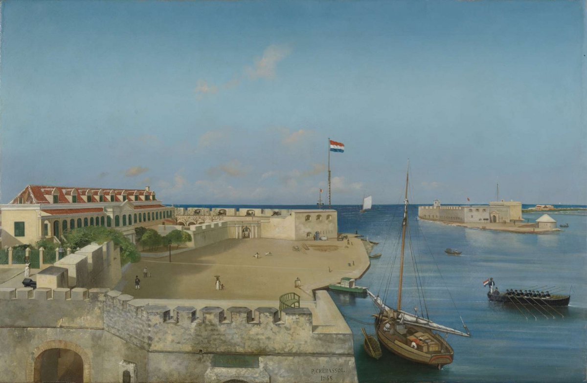 Willemstad's harbor entrance with the Government Palace, Prosper Crébassol, 1858