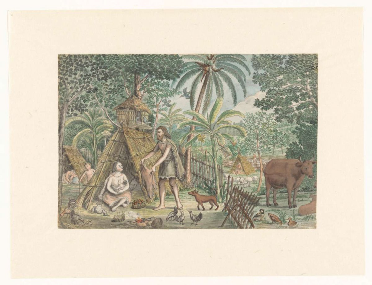 Adam and Eve in a utopian village scene, Jan Brandes, 1779 - 1785