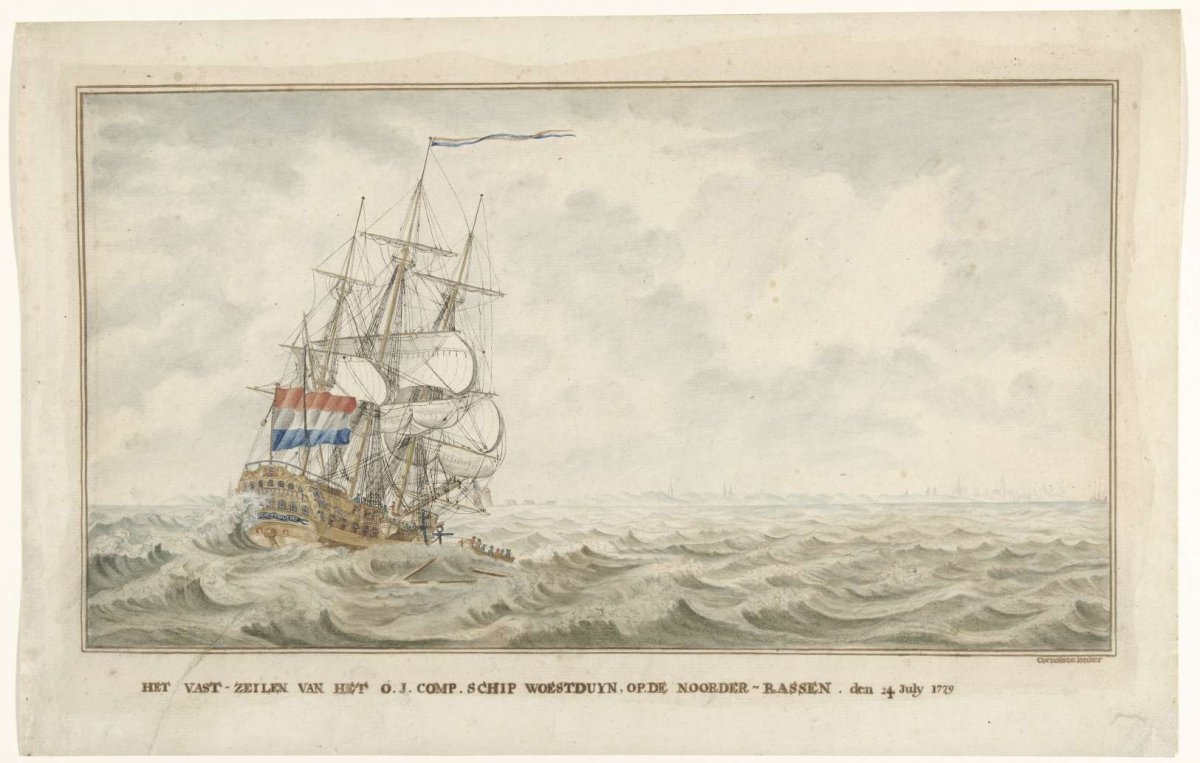 The ship Woestduin runs aground on the North Terraces, 1779, Cornelis de Jonker, 1780 - 1830