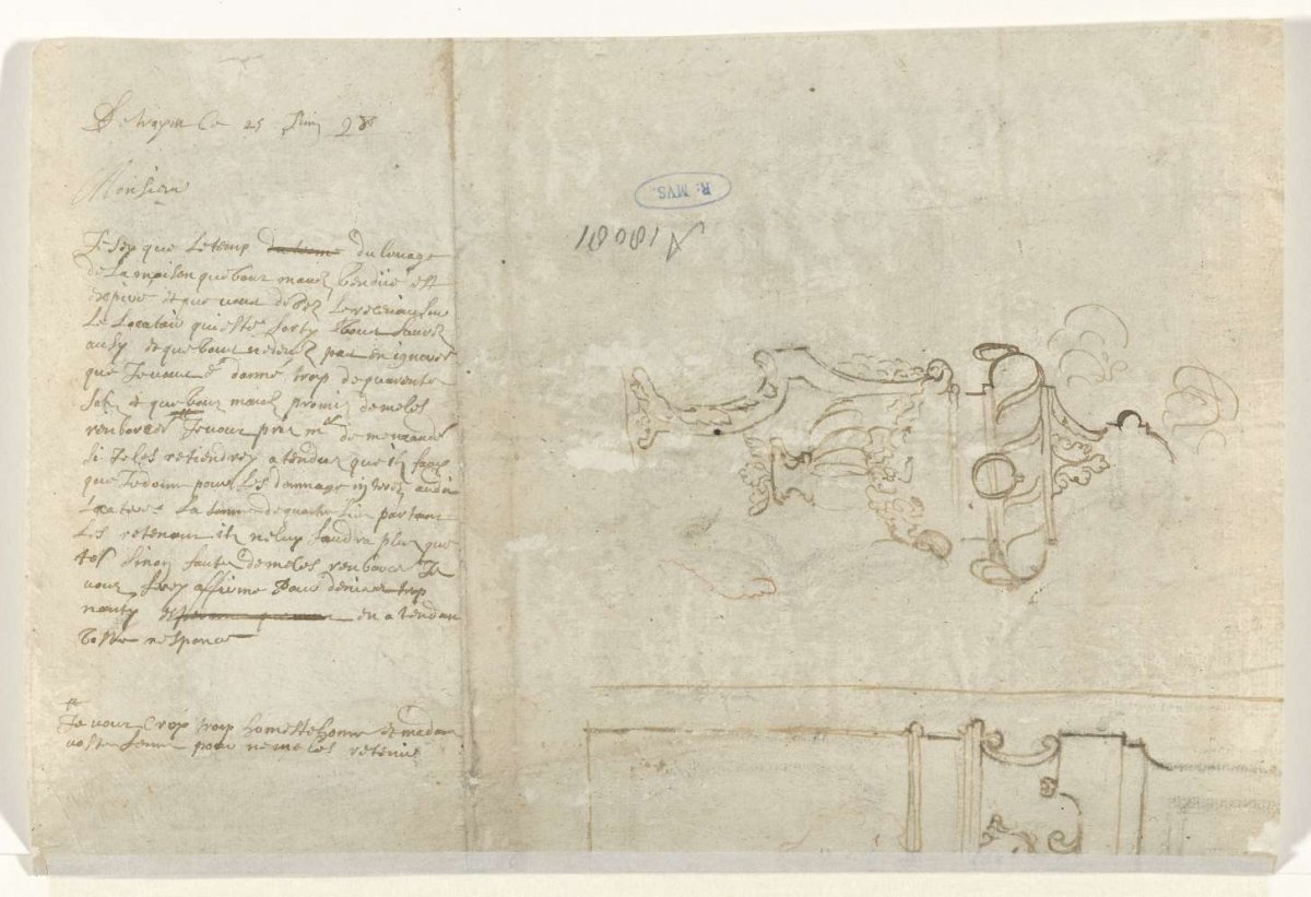 Handwritten text and two sketches of a column, anonymous, 1728 - 1828