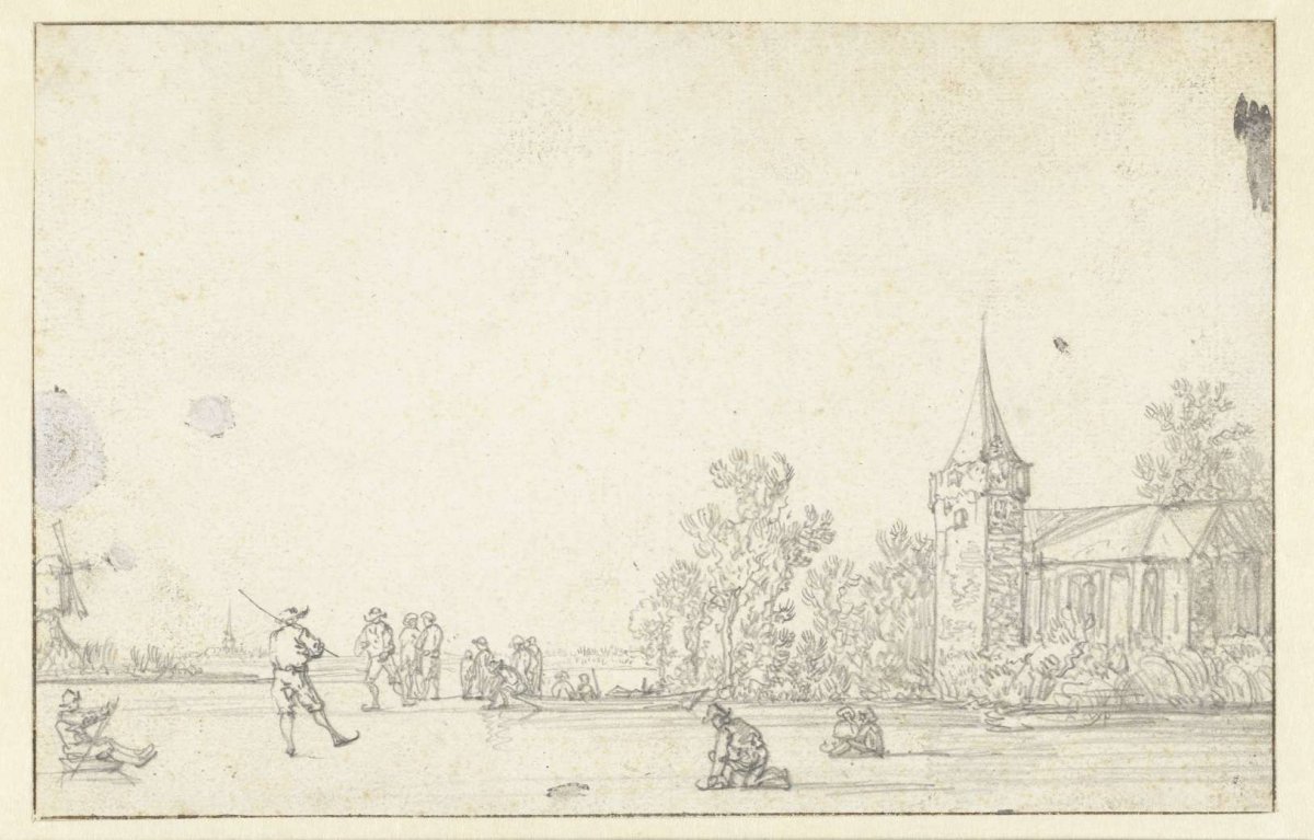 Frozen river with skaters near a church, Aelbert Cuyp, 1630 - 1691