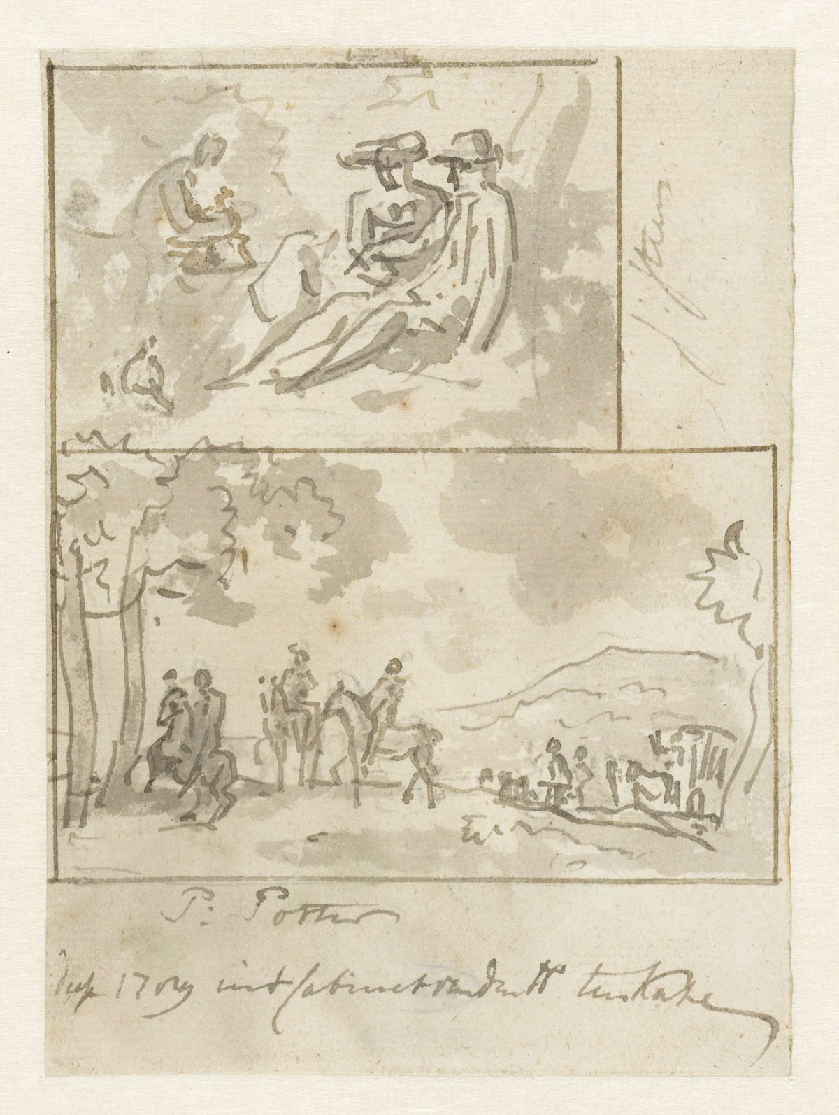 Sketches of two seated figures and a landscape with people on horseback, Jurriaan Andriessen, 1789