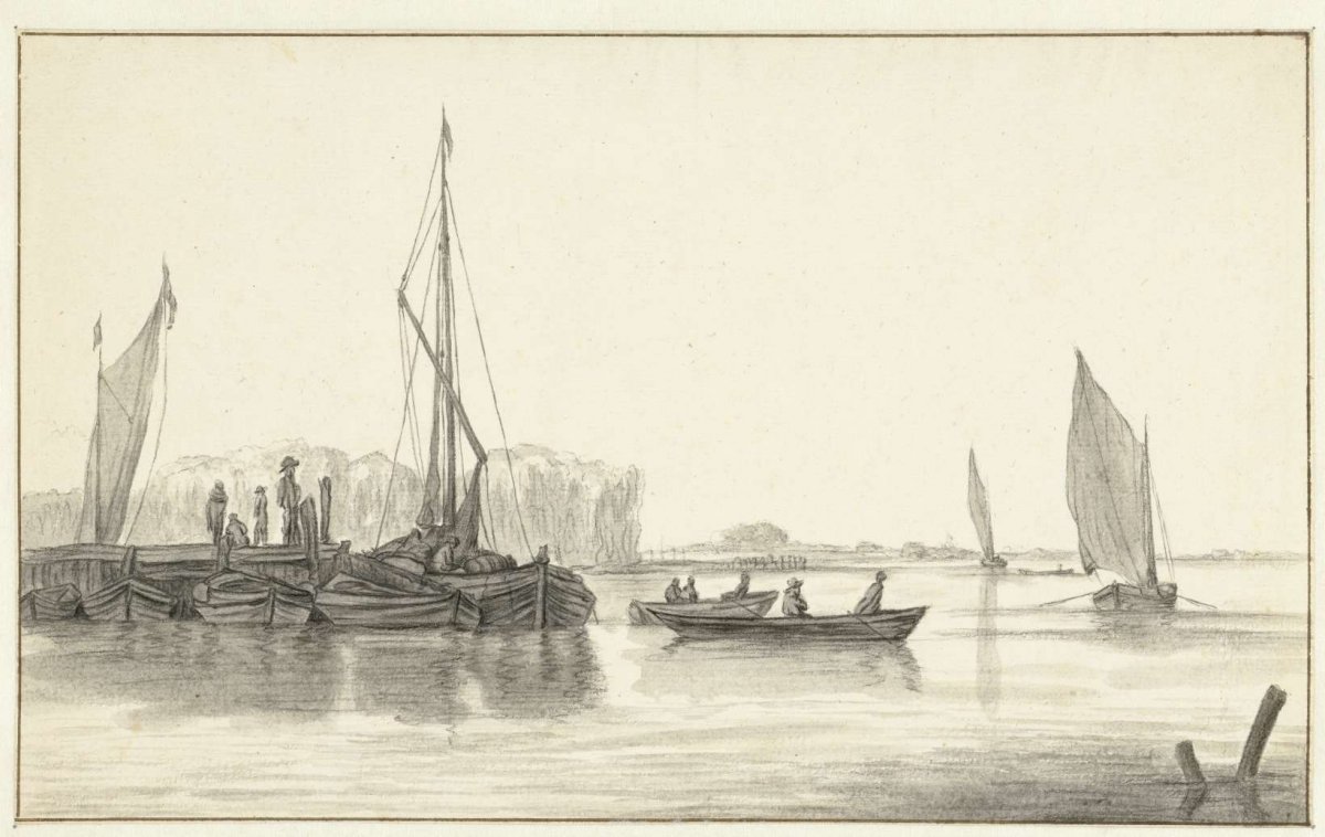 River landscape with a jetty with boats, Hendrick Jacobsz. Dubbels, 1630 - 1676