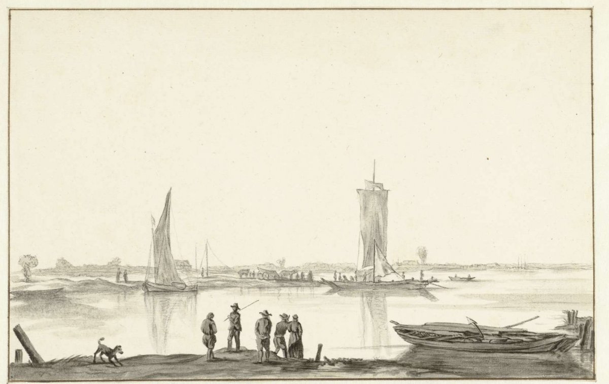 River landscape with five people and a dog, Hendrick Jacobsz. Dubbels, 1630 - 1676