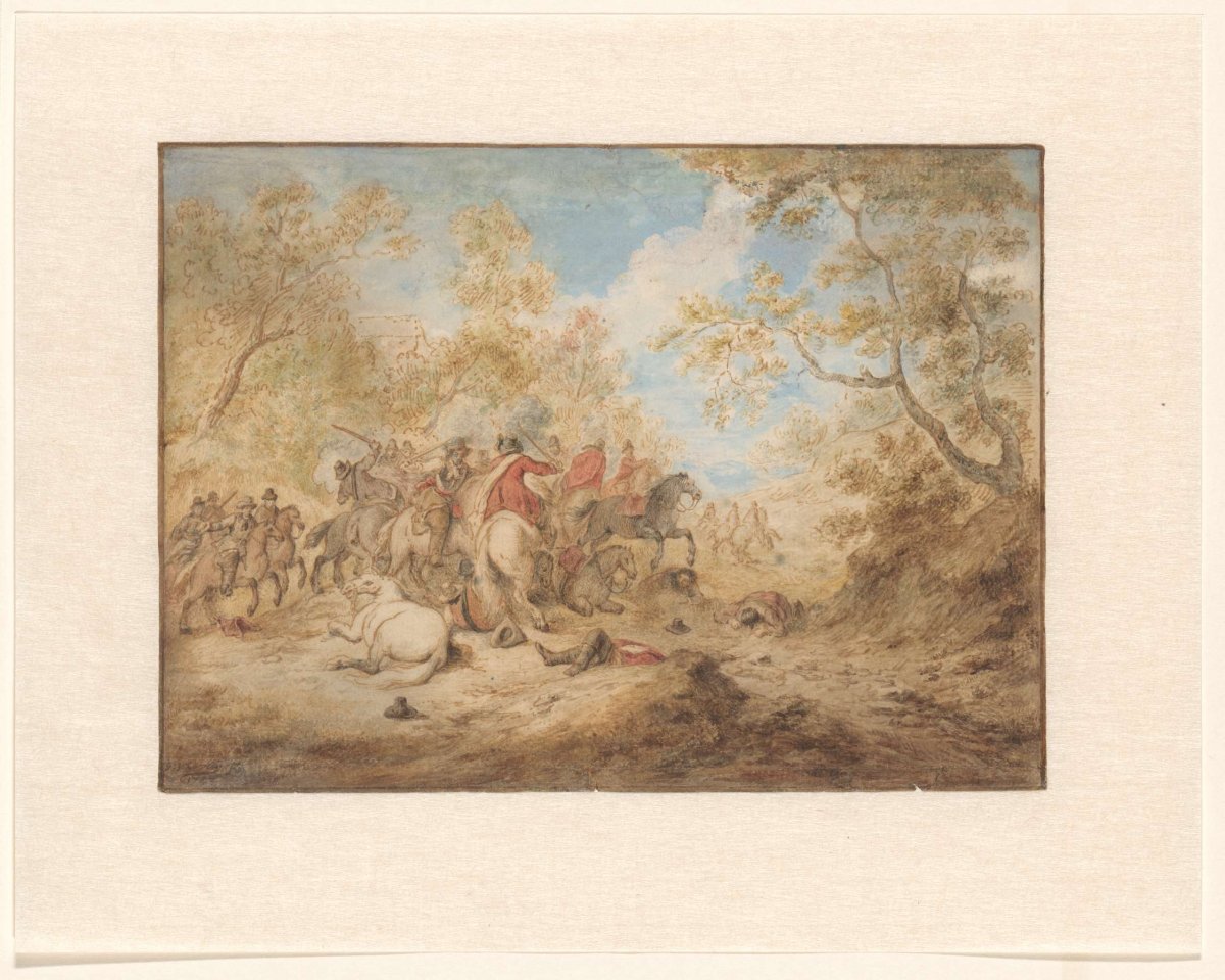 Landscape with fighting horsemen, Gerardus Josephus Xavery, 1743