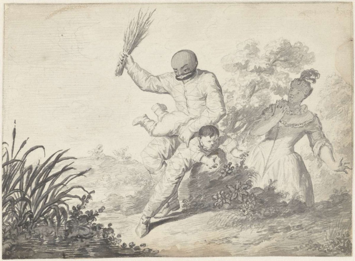 Scene from the Commedia dell'Arte with boy being spanked by a man, Gerardus Josephus Xavery, c. 1710 - c. 1800