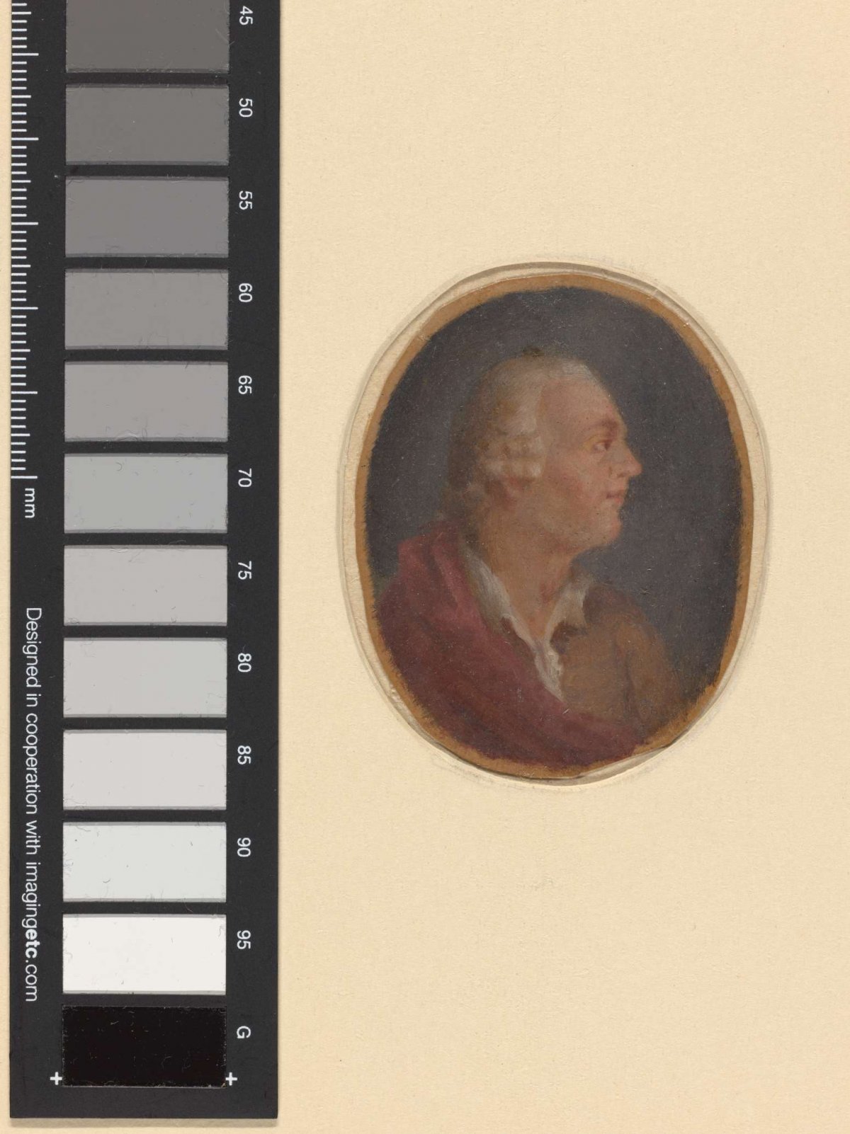 Portrait of a man with wig and red cloak in profile to the right, probably Hendrik Karel Nicolaas van der Noot, anonymous, 1790