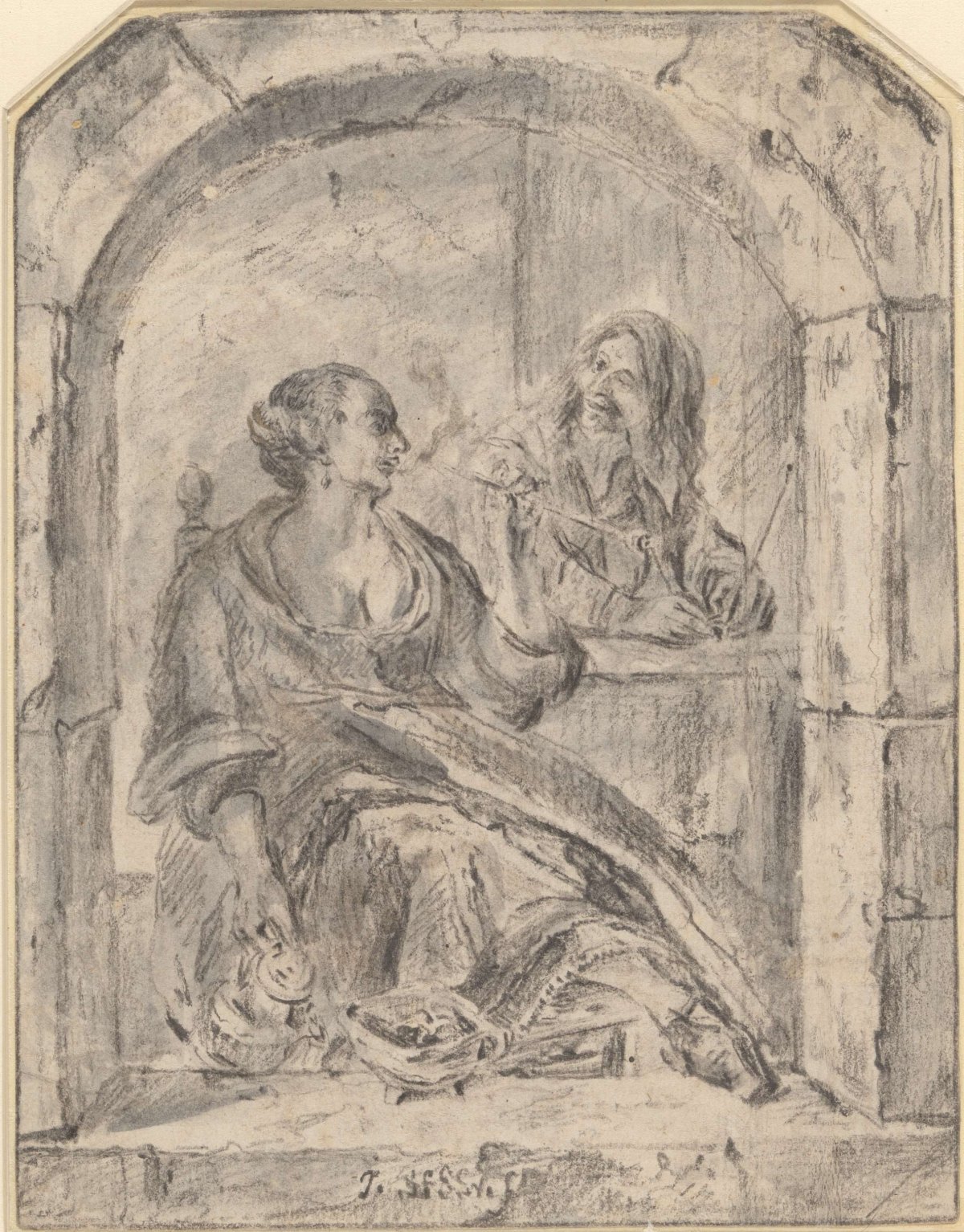 Pipe-smoking woman and a man with two pipes, anonymous, 1635 - 1729
