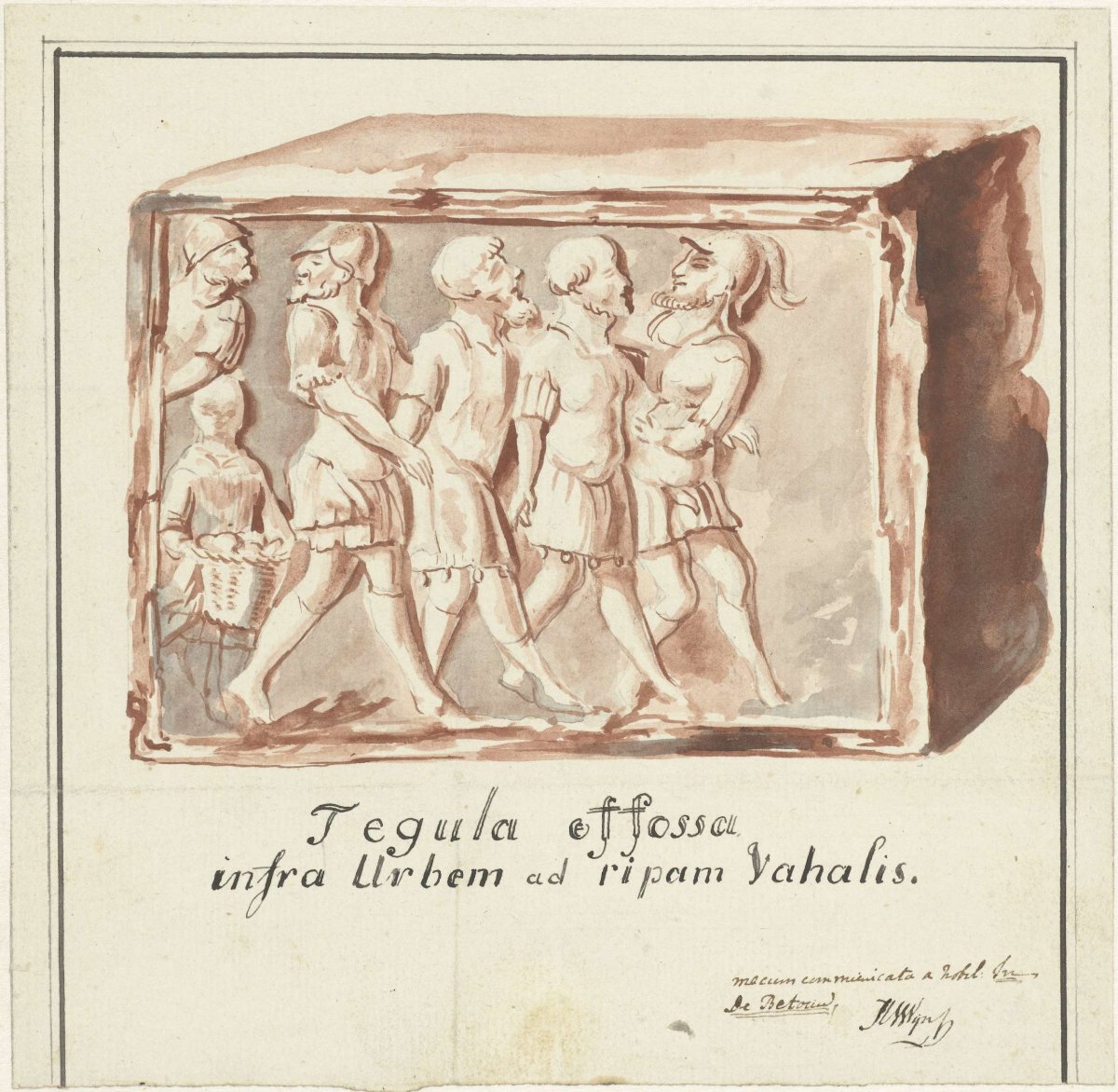 Red tile depicting capture of Batavians by Romans, found in the Waal below Nijmegen, Hendrik van Wijn, 1800 - 1805
