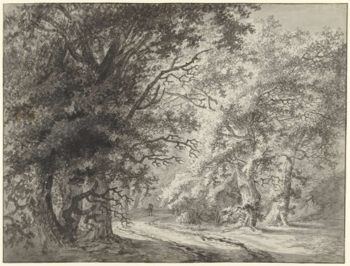 Forest landscape with dirt road and traveler, anonymous, 1700 - 1800