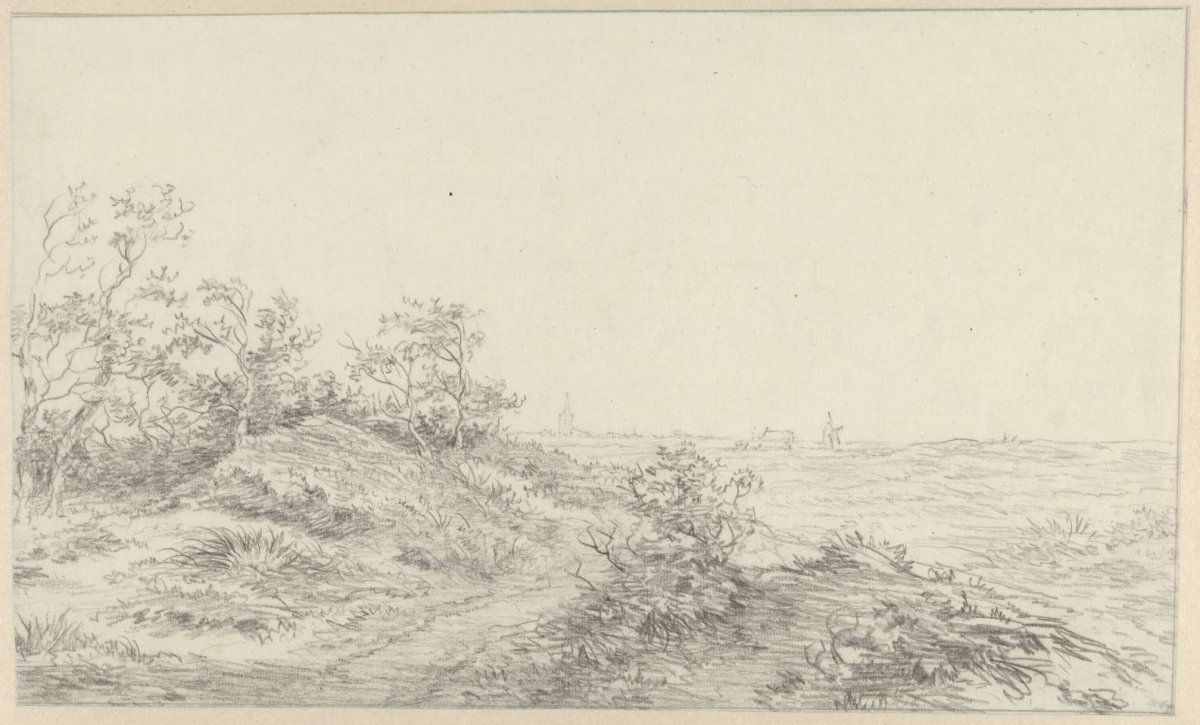 Dune landscape with mill and spire in the distance, anonymous, 1700 - 1800