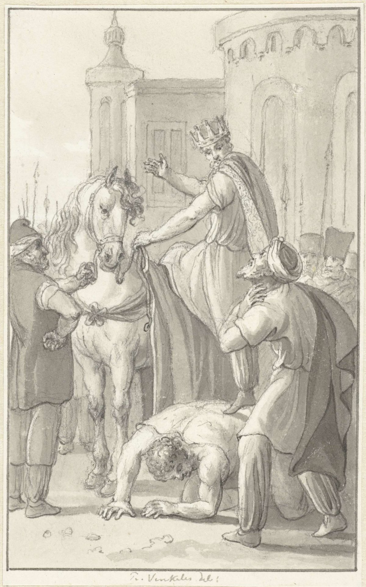 Emperor Valerian in captivity with the Persian king Sapor, Reinier Vinkeles (I), 1804