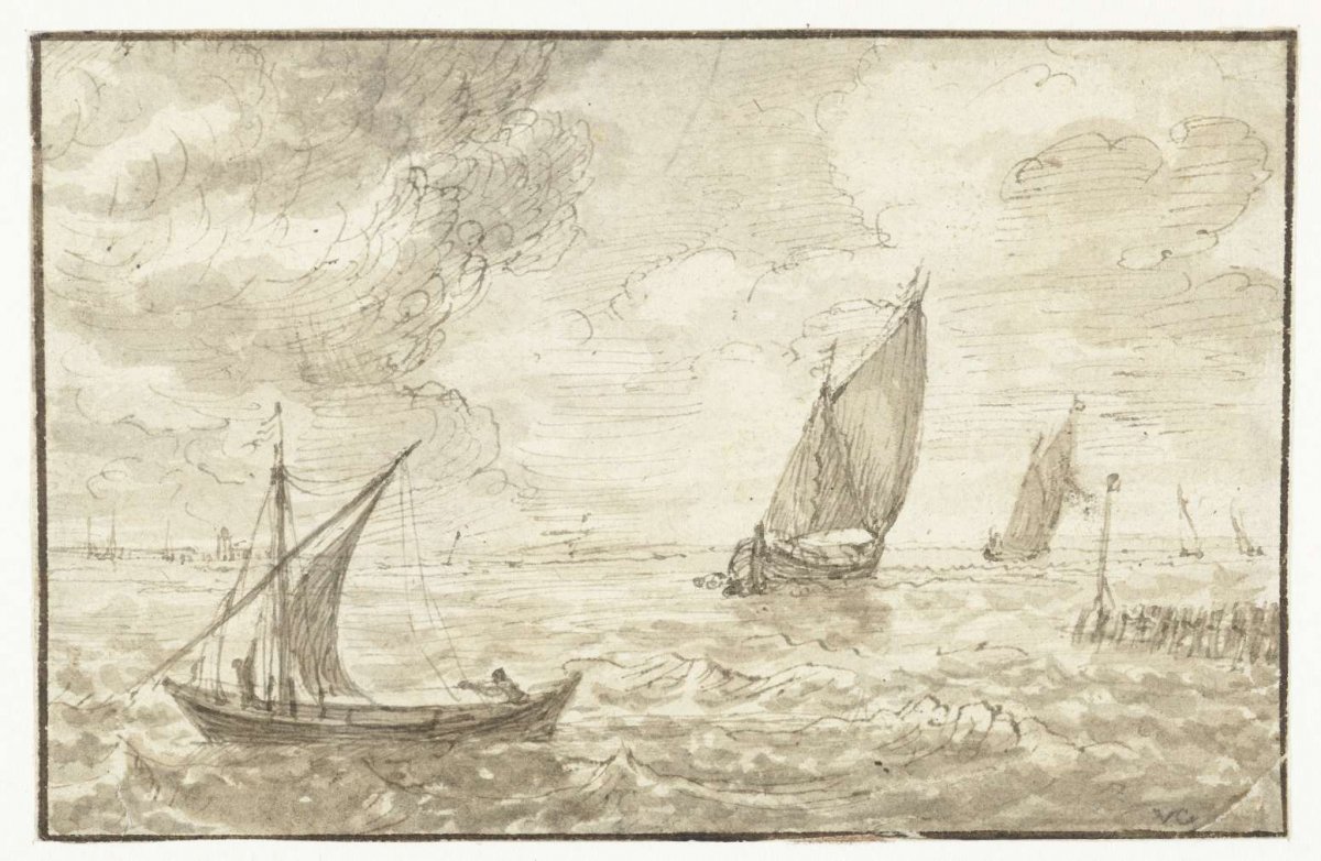 Wavy water with three sailing boats, Jan van Goyen, 1606 - 1656