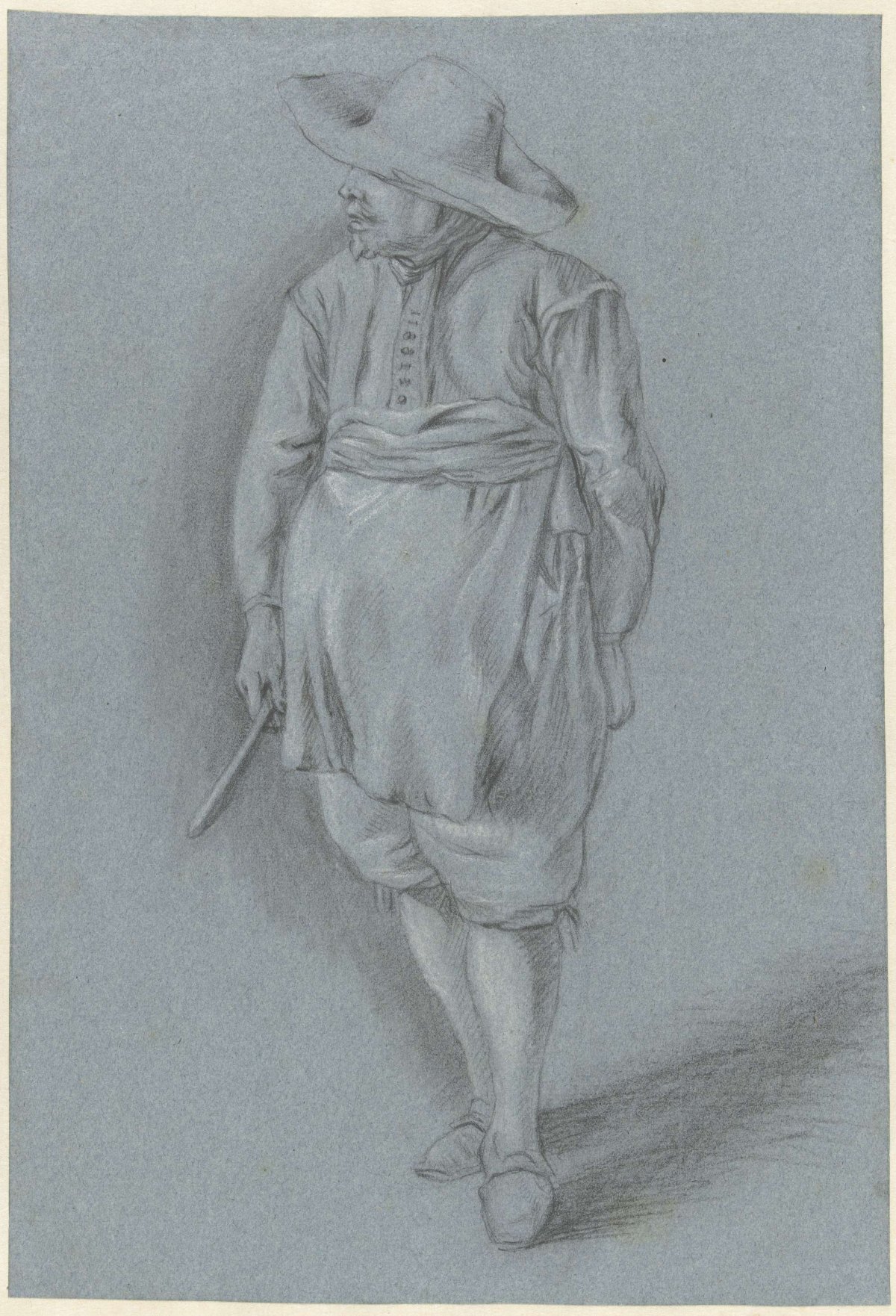 Man in 17th-century dress with hat, apron and knife, Hendrik van Velthoven, 1738 - 1770