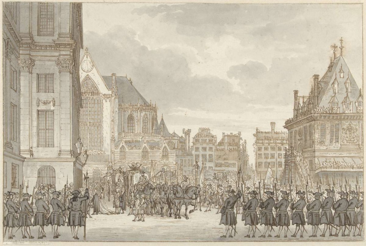 Arrival of Prince William V and Frederica Sophia Wilhelmina of Prussia at the Town Hall on Dam Square in Amsterdam, May 30, 1768, Reinier Vinkeles (I), 1769