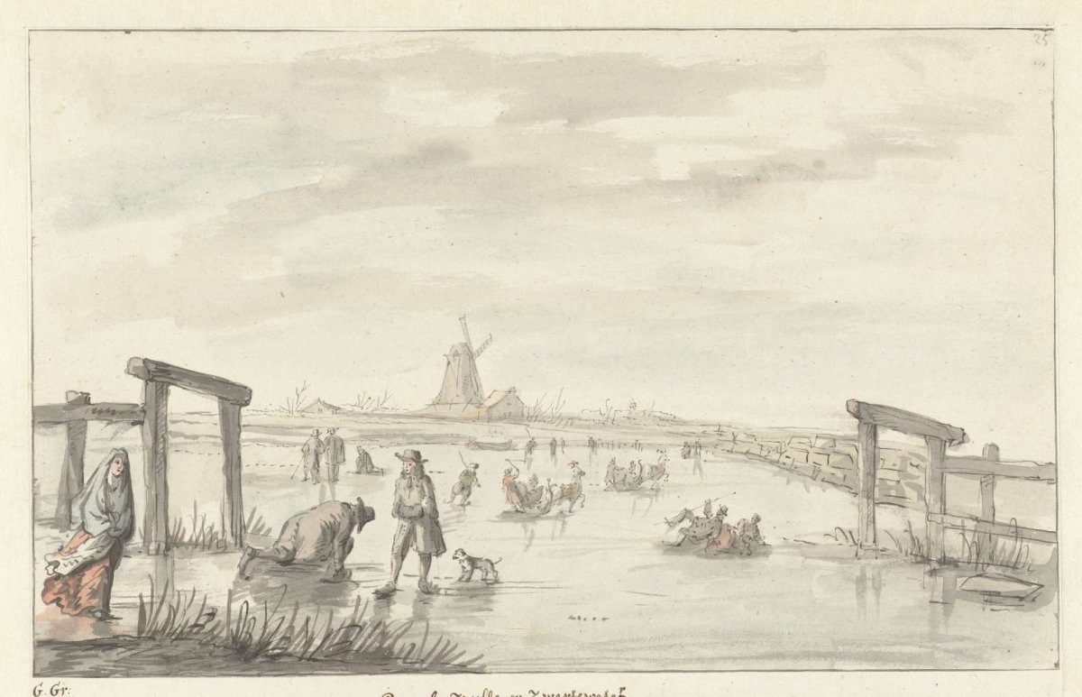 Winter view at Boom, from the Black Water near Zwolle, Gerrit Grasdorp, 1661 - 1693