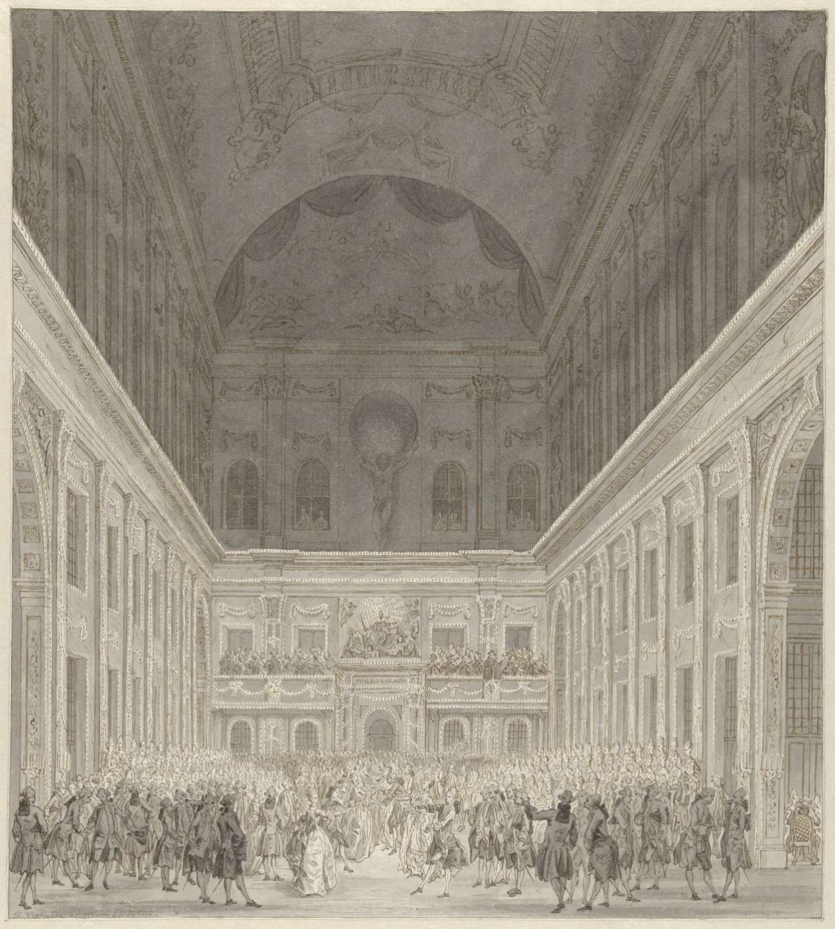 Ball in the Civic Hall of the City Hall of Amsterdam in honor of the visit of Prince William V and Wilhelmina of Prussia, June 1768, Reinier Vinkeles (I), 1768 - 1772