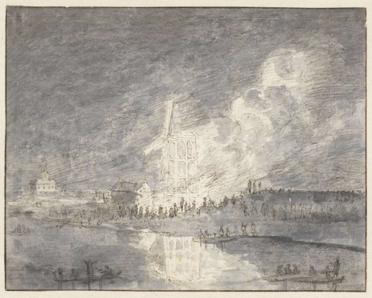 Fire in a mill on the Muiderdijk, ca. 1710, Hendrik Spilman, 1733 - 1784
