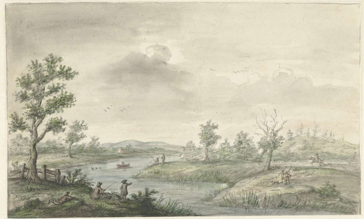 Landscape with meandering river and anglers, Gerrit Grasdorp, 1661 - 1693