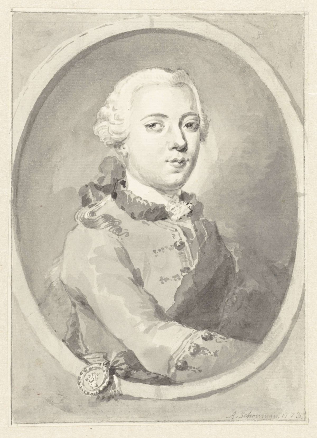 Portrait of William V, Prince of Orange-Nassau, to the right, in oval, Aert Schouman, 1773