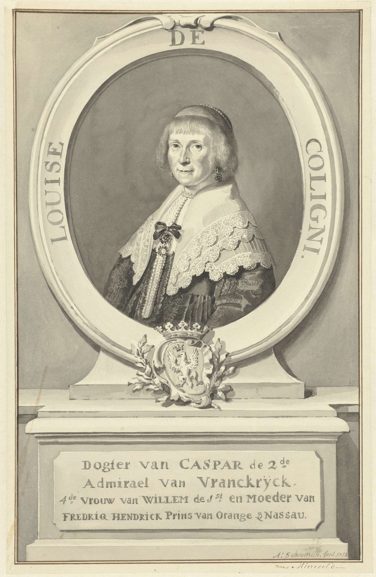 Portrait of Louise de Coligny, in oval cartouche, to the left, Aert Schouman, 1752