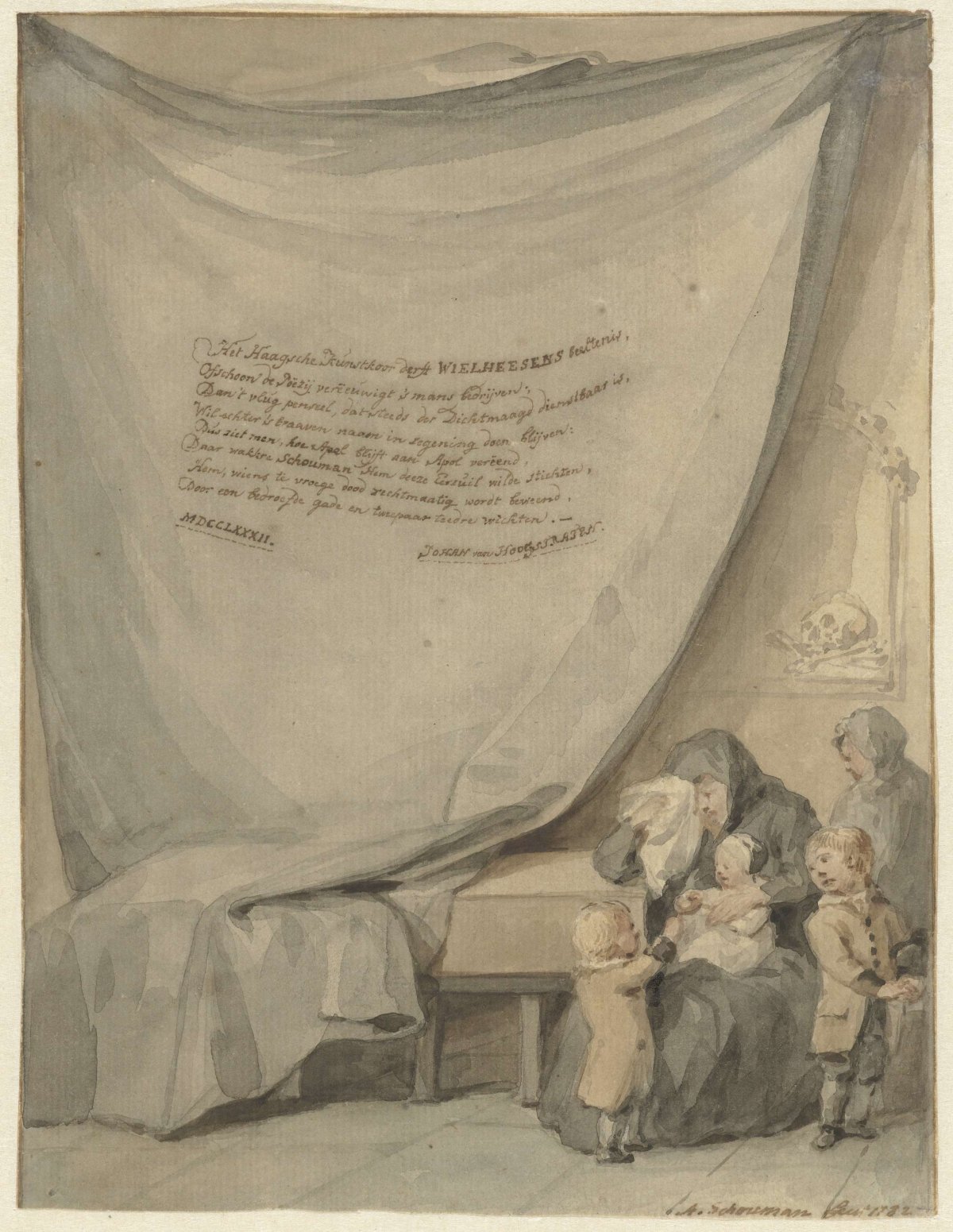 Widow with four children near a coffin, Aert Schouman, 1782