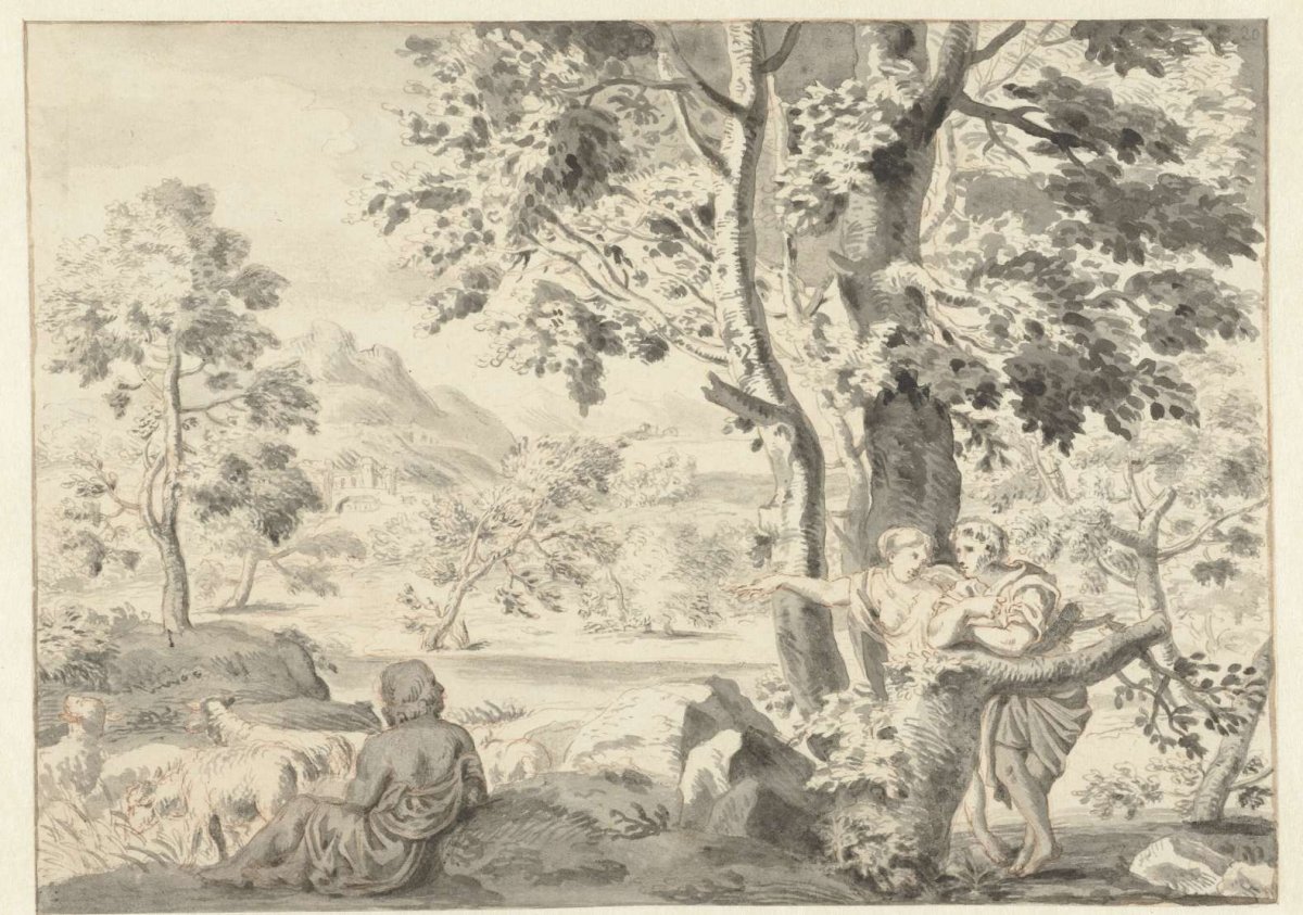 Wooded landscape with a shepherd, a man and a woman, Gerrit Grasdorp, 1661 - 1693