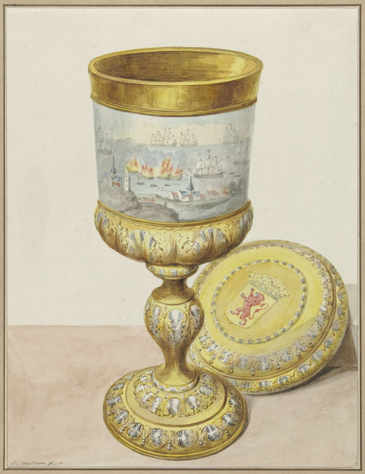 Gold cup with lid, given to Cornelis de Witt on the occasion of the Voyage to Chatham, 1667, Aert Schouman, 1748