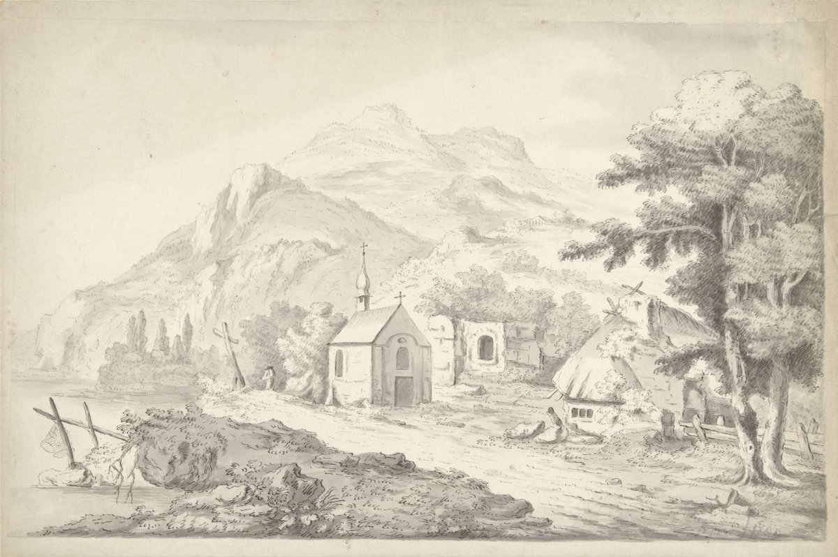 Mountain landscape with a chapel by a lake, Willem Joost Lodewijk Spoor, 1789