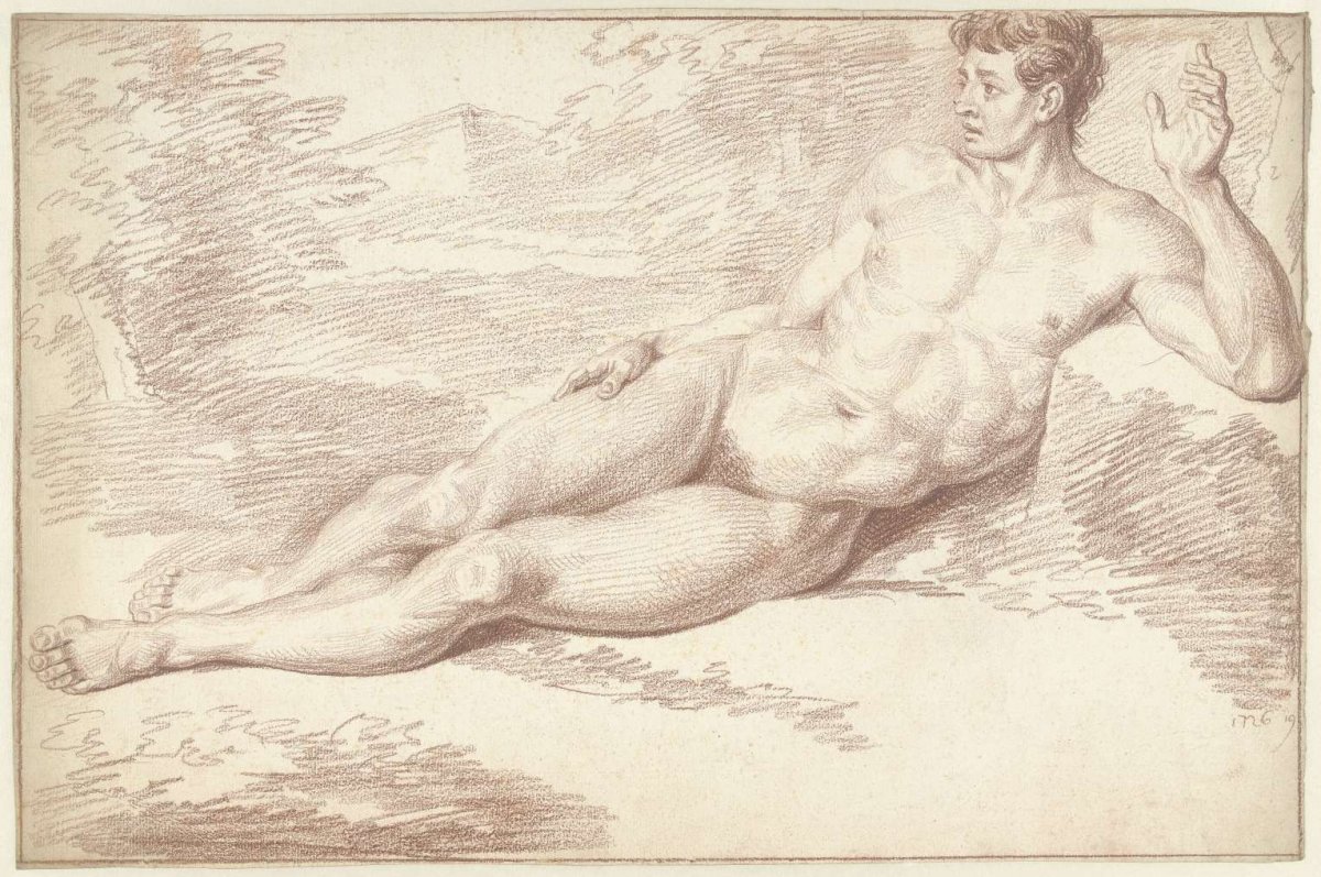 Male nude, lying on side, facing right, Louis Fabritius Dubourg, 1726